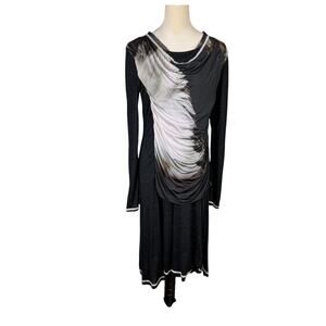 Roberto Naldi Abstract Art to Wear Ruched Front Long Sleeve Soft Knit Midi Dress